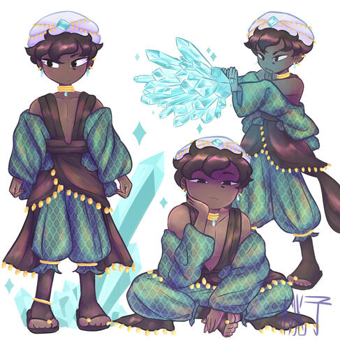 A character design for an ice magic user who lives in a desert.