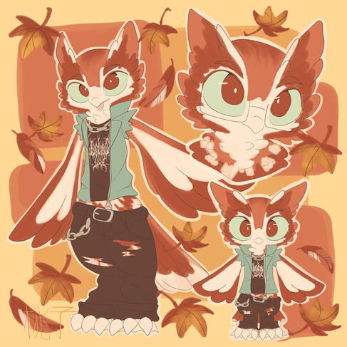 Commissioned custom character design - The customer wanted a character based on an eastern screech owl who likes metal music.