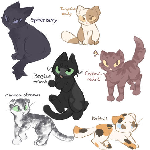 Character designs for cats inspired by the Warriors novels.