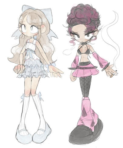 Two character designs inspired by the word prompt "coquette" and "punk".