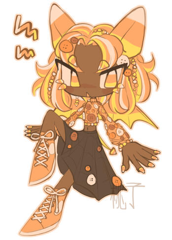 A character design based on a moodboard showcasing bats, buttons and candycorn.
