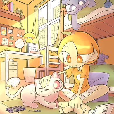 Fruitling based on a tangerine in her room with strawberry and blueberry cat fruitimals!
