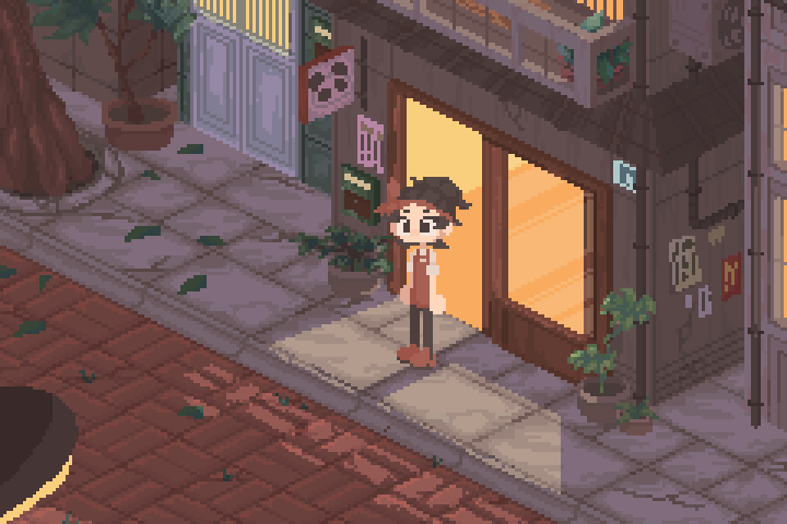 Xiao Jiao Er standing outside his family-owned dumpling shop, preparing to sweep!